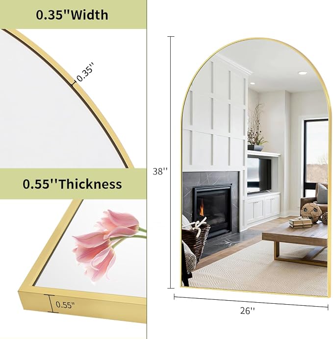 BEAUTYPEAK Wall Mounted Mirror, 26 inch x38 inch Arch Bathroom Mirror, Gold Vanity Wall Mirror w/ Metal Frame for Bedroom, Entryway, Living Room | Wall Mounted Vanity Metal Frame Mirror for Bedroom, Entryway, Living Room, Fireplace