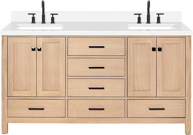 ARIEL 67 inch Double Bathroom Vanity top with Sink, 1.5 Inch Thick Miter Edge White Quartz top, Rectangle Double Sink Vanity top, Includes Backsplash