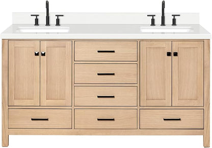 ARIEL 67 inch Double Bathroom Vanity top with Sink, 1.5 Inch Thick Miter Edge White Quartz top, Rectangle Double Sink Vanity top, Includes Backsplash