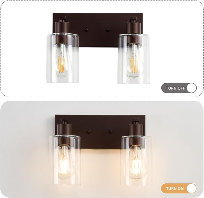 2 Lights Bathroom Light Fixtures Oil Rubbed Bronze Vanity Light with Clear Glass Shade 13in Modern Bathroom Lighting Fixtures Over Mirror for Bedroom/Living Room