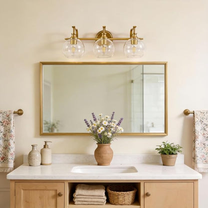 Bruhsed Gold Bathroom Light Fixtures, Gold 3 Light Bathroom Vanity Lights, 3 Lights Wall Light with Globe Clear Lampshade, Vintage Brass Sconce with Metal Lamp Body for Bedroom, Living Room