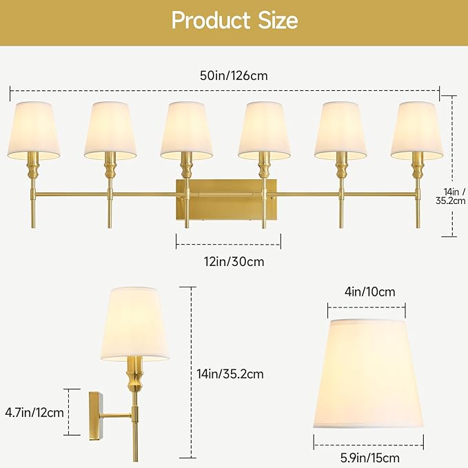 6-Light Bathroom Light Fixtures,50 in Vintage Bathroom Vanity Lights Over Mirror,Antique Brass Wall Sconce with Flared White Fabric Lampshade for Bedroom,Living Room,Foyer,Hardwired,E12 Base