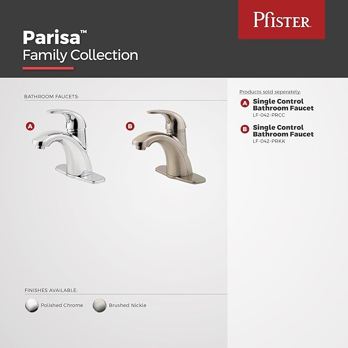 Pfister Parisa Bathroom Sink Faucet, Single Control, 1-Handle, Single Hole, Polished Chrome Finish, LF042PRCC