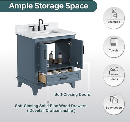 30 Inch Bathroom Vanity with Sink, Fully Assembled Bathroom Vanities with Quartz Countertop & Backsplash, 30 Inch Vanity with Sink, Soft Closing Doors & Dovetail Drawer, Steel Blue