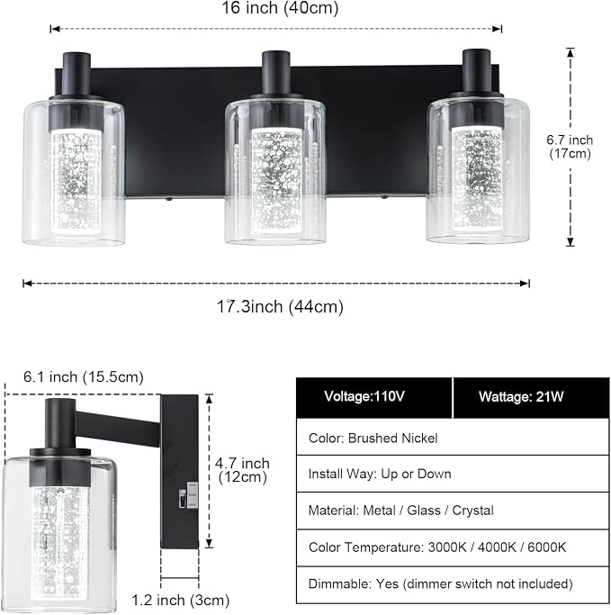 SineRise Vanity Light with 3 Color Modes (3000K/4000K/6000K), Eye Protection LED Bathroom Light Fixture, Dimmable Modern Wall Light Over Mirror with Clear Glass Shade (Black, 3-Light)