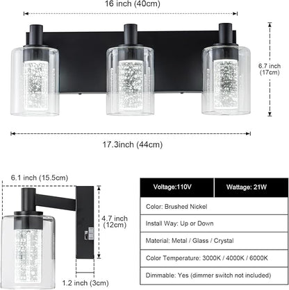 SineRise Vanity Light with 3 Color Modes (3000K/4000K/6000K), Eye Protection LED Bathroom Light Fixture, Dimmable Modern Wall Light Over Mirror with Clear Glass Shade (Black, 3-Light)