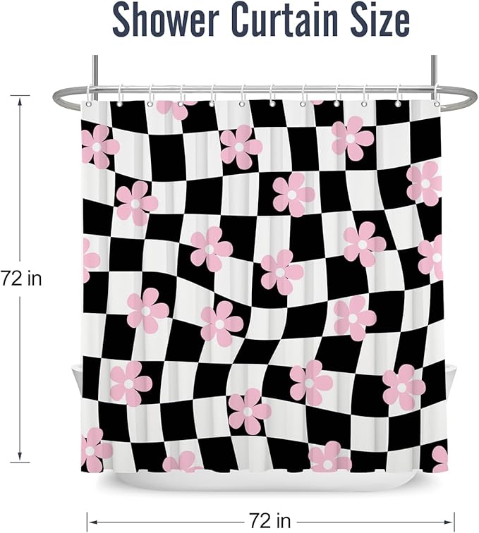 Black White Shower Curtain Pink Flower Abstract Checkered Plaid Groovy,Vintage Shower Curtains Bathroom Accessories 72x72 Inches