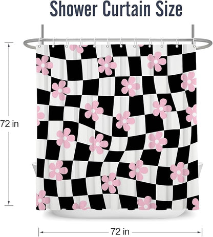 Black White Shower Curtain Pink Flower Abstract Checkered Plaid Groovy,Vintage Shower Curtains Bathroom Accessories 72x72 Inches