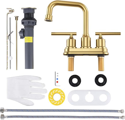 WOWOW Brushed Gold Bathroom Faucet 4 inch Bathroom Sink Faucet 3 Hole RV Sink Tap 2 Handle Vanity Taps with Drain Assembly Centerset Lavatory Mixer 360-Degree Swivel Spout