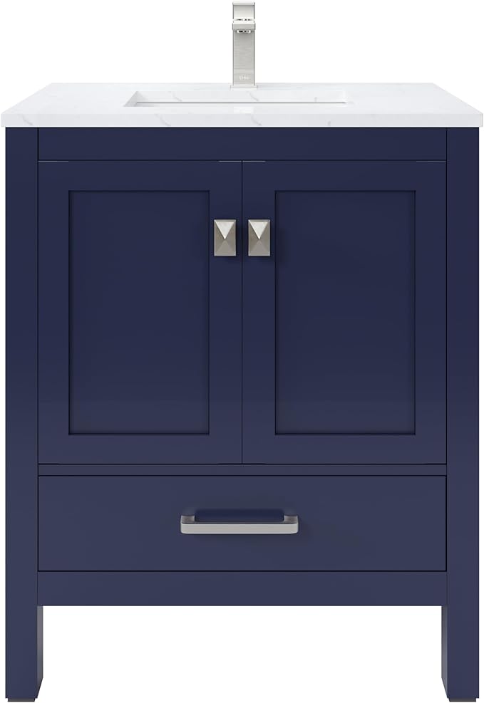 Eviva London 30 in. Blue Single Sink Bath Vanity with Carrara Quartz Top and Undermount Porcelain Sink
