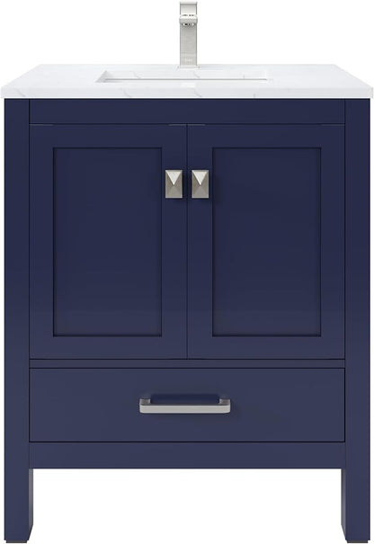 Eviva London 30 in. Blue Single Sink Bath Vanity with Carrara Quartz Top and Undermount Porcelain Sink