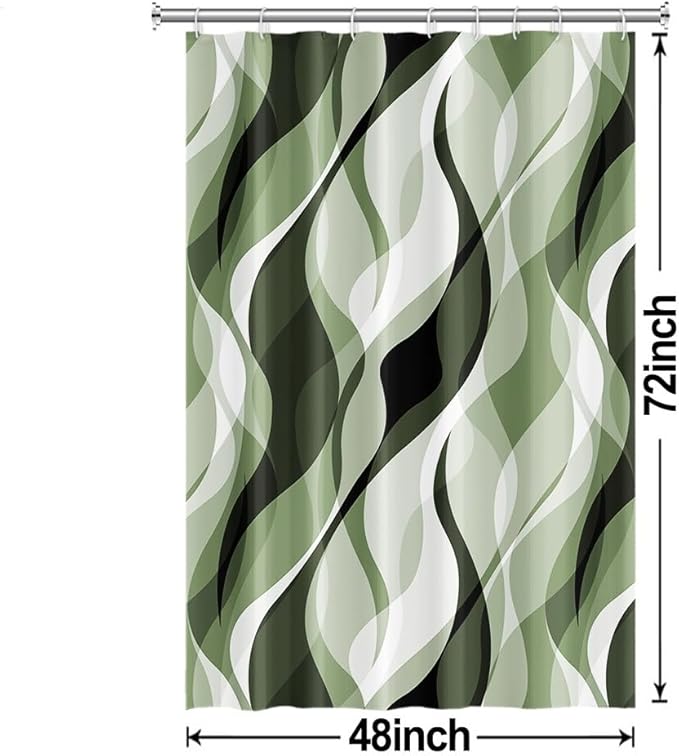 Sage Green Shower Curtain, Abstract Ombre Green and Grey Striped Shower Curtain Set for Bathroom Waterproof Polyester Shower Curtain with Hooks, 48x72 Inch