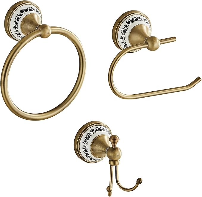 Antique Brass Toilet Paper Holder, Towel Ring, Double Wall Coat Hooks | 3-Piece Zinc Alloy Bathroom Hardware Set, Bathroom Accessories, YIGUANXIN