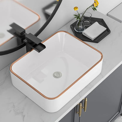 Bathroom Vessel Sink 19'' x 15'' White Rectangular Ceramic Sink with Gold Rim Above Counter Vanity Sink for Modern Bathroom