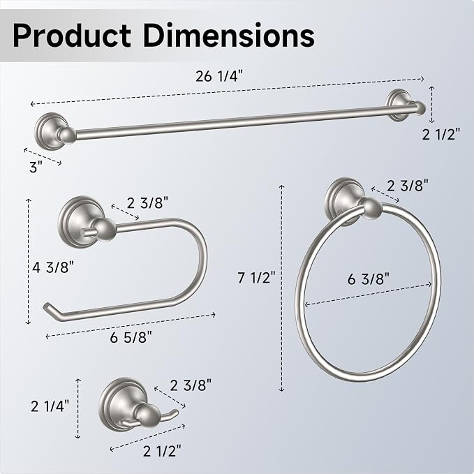 Formosa Design Hardware Classic 4-Piece Bathroom Accessories Set, 24-inch Towel Bar, Toilet Paper Holder, Towel Ring, and Robe Hook, Durable Zinc Alloy & Stainless Steel, (Brushed Nickel Finish)