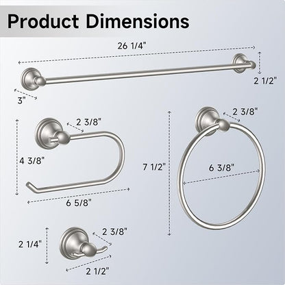 Formosa Design Hardware Classic 4-Piece Bathroom Accessories Set, 24-inch Towel Bar, Toilet Paper Holder, Towel Ring, and Robe Hook, Durable Zinc Alloy & Stainless Steel, (Brushed Nickel Finish)