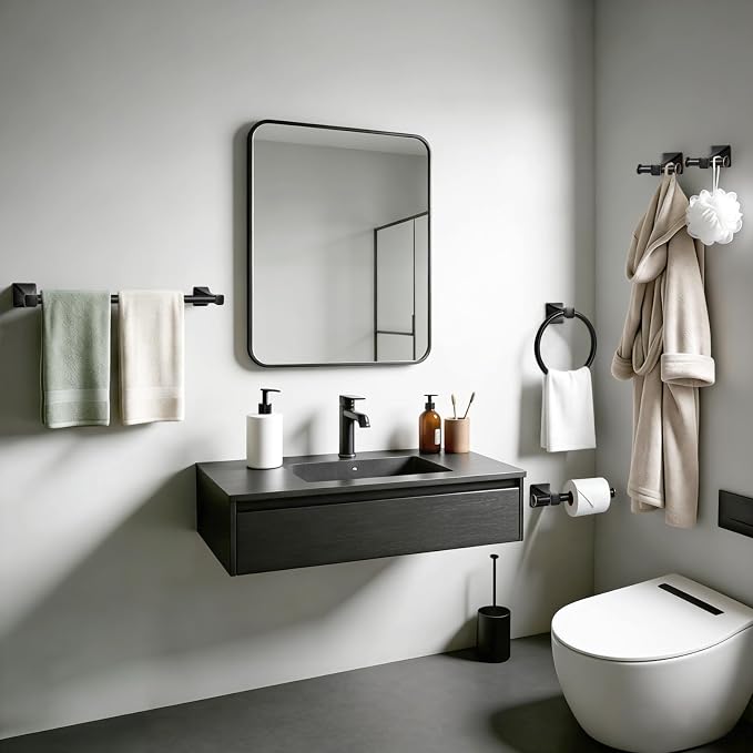 SUS304 Stainless Steel Bathroom Hardware Set, 5-Piece Matte Black Wall Mounted Towel Rack Accessories Set, 24 Inch Towel Bar, Towel Ring, Toilet Paper Holder, Towel Hooks, Multipurpose for Bathroom
