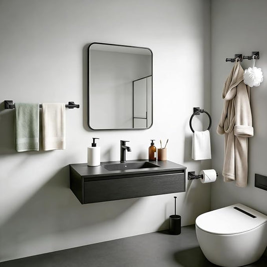 SUS304 Stainless Steel Bathroom Hardware Set, 5-Piece Matte Black Wall Mounted Towel Rack Accessories Set, 24 Inch Towel Bar, Towel Ring, Toilet Paper Holder, Towel Hooks, Multipurpose for Bathroom