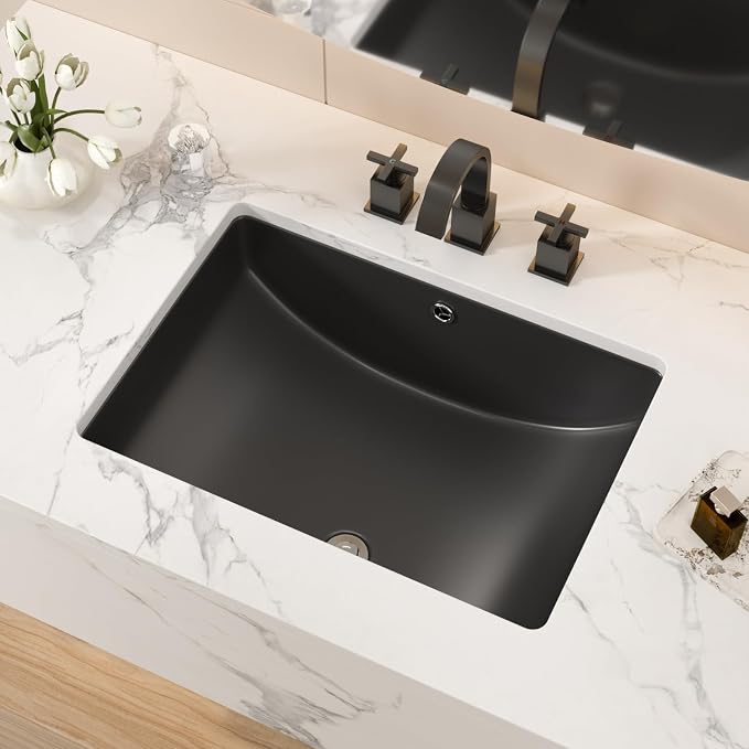 Black Ceramic 22"x15" Undermount Bathroom Lavatory Sink | Rectangle under counter black bathroom vessel sink for bathroom