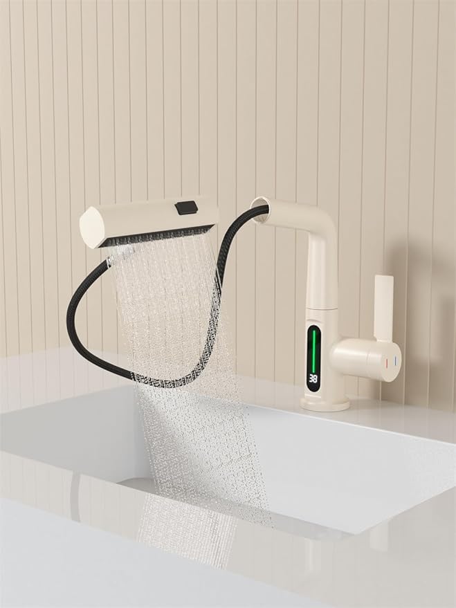 Bathroom One Hole Sink Basin Faucet with Waterfall Pull Down Sprayer,Vanity Single Handle 1 Hole Pull Out Faucet with Rainfall Spray Head Temperature Digital Display Mixer Tap Cream White