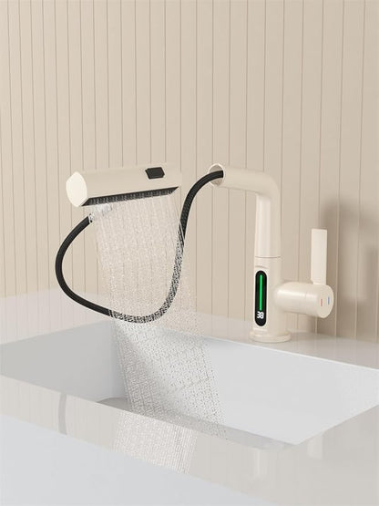 Bathroom One Hole Sink Basin Faucet with Waterfall Pull Down Sprayer,Vanity Single Handle 1 Hole Pull Out Faucet with Rainfall Spray Head Temperature Digital Display Mixer Tap Cream White