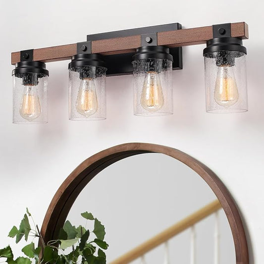 4-Lights Farmhouse Bathroom Vanity Light, Rustic Wood Bathroom Light Fixtures Over Mirror Antique Black Vanity Light with Clear Glass Shade, Farmhouse Wall Sconces Lighting