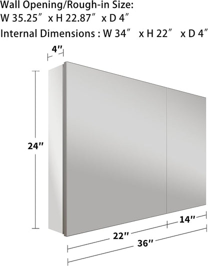 36x24 Inch Recessed Medicine Cabinet with Mirror, Aluminum Medicine Cabinet Mirror, Recessed or Surface Mount with 2 Adjustable Shelves Storage Organizer, Pre-Assembled Door, Soft-Closed System