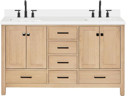 ARIEL 61 inch Double Bathroom Vanity top with Sink, 1.5 Inch Thick Miter Edge White Quartz top, Rectangle Double Sink Vanity top, Includes Backsplash