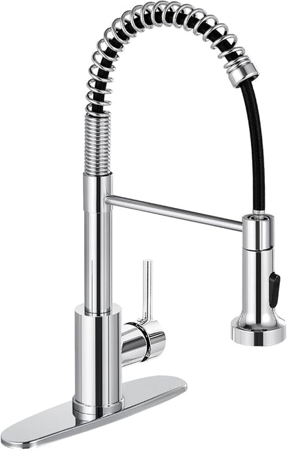 DJS Kitchen Faucets with Pull Down Sprayer Chrome High Arc Single Handle 1 or 3 Holes Spring Kitchen Sink Faucet with Deck Plate for Farmhouse RV Vessel Basin