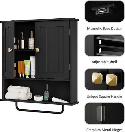 RRX Bathroom Cabinet Wall Mounted Medicine Cabinets with Towels Bar, Over The Toilet Storage Cabinet with 2 Doors and Adjustable Shelf, White Wall Cabinet for Bathroom Laundry Kitchen (Black)