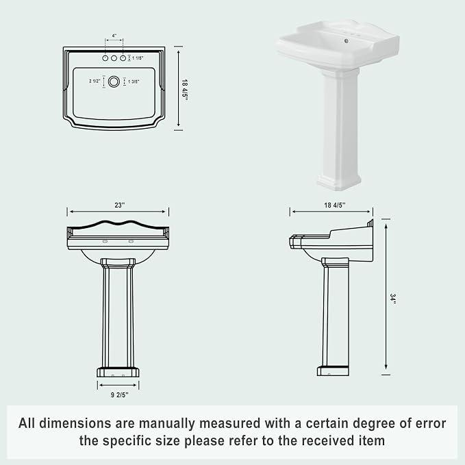 Bathroom Pedestal Sinks,Pedestal Sink 23" W X 19" D Vintage White Ceramic Pedestal Bathroom Sink With Overflow and 3 Pre-Drilled Holes - Fits 4-Inch Faucets