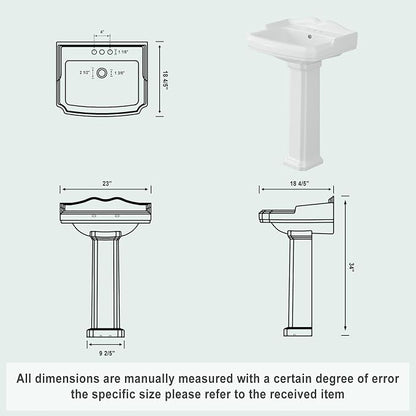 Bathroom Pedestal Sinks,Pedestal Sink 23" W X 19" D Vintage White Ceramic Pedestal Bathroom Sink With Overflow and 3 Pre-Drilled Holes - Fits 4-Inch Faucets