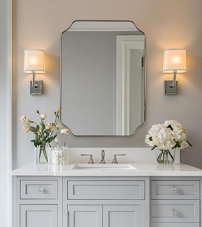22"x30" Brushed Nickel Scalloped Mirrors for Bathroom Sink | Rust-Proof Stainless Steel Frame, Unique Notched Corners, Anti-Corrosion Silver-Backed Glass, Modern Bathroom Wall Decor