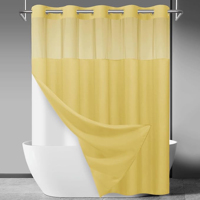 SORTTO No Hook Slub Shower Curtain with Liner, 71x74, Yellow | Snap in Liner, 3 in 1, Bamboo Texture, Hotel Style, Waterproof Fabric, Mesh Top Window, Corner Magnets, Machine Washable