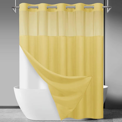SORTTO No Hook Slub Shower Curtain with Liner, 71x74, Yellow | Snap in Liner, 3 in 1, Bamboo Texture, Hotel Style, Waterproof Fabric, Mesh Top Window, Corner Magnets, Machine Washable