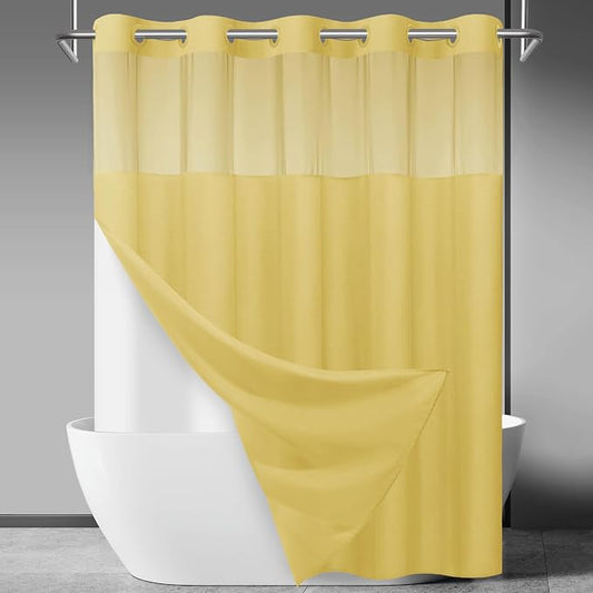 SORTTO No Hook Slub Shower Curtain with Liner, 71x74, Yellow | Snap in Liner, 3 in 1, Bamboo Texture, Hotel Style, Waterproof Fabric, Mesh Top Window, Corner Magnets, Machine Washable