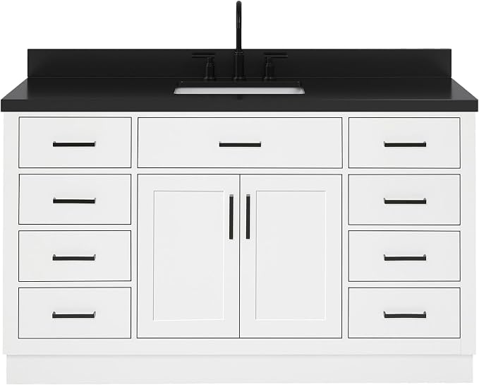 ARIEL Hepburn 60-inch Bathroom Vanity with Sink,Solid Wood, 1.5-inch Carbon Black Quartz Countertop, Single Rectangular Porcelain Sink, Soft Closing Doors, Dovetail Drawers, White
