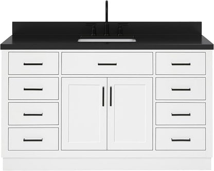 ARIEL Hepburn 60-inch Bathroom Vanity with Sink,Solid Wood, 1.5-inch Carbon Black Quartz Countertop, Single Rectangular Porcelain Sink, Soft Closing Doors, Dovetail Drawers, White