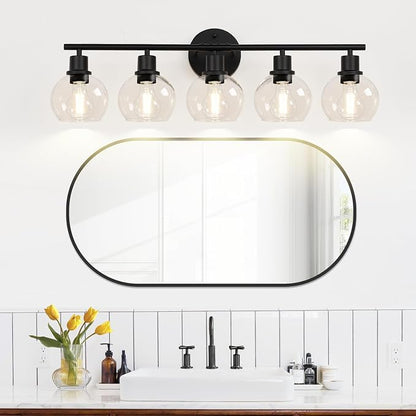 5-Light Bathroom Light Fixture, Matte Black Vanity Light with Clear Glass Globe Shades, Modern Bathroom Lights Over Mirror, Wall Sconce Lighting for Bathroom, Bedroom, Hallway, Living Room, Porch