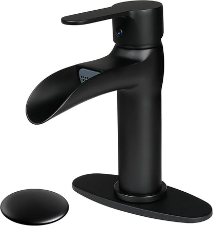 Matte Black Bathroom Faucet Waterfall Bathroom Sink Faucets Single Handle Single Hole Lavatory Washbasin Faucet with Pop Up Drain, Modern Vanity Sink Faucet