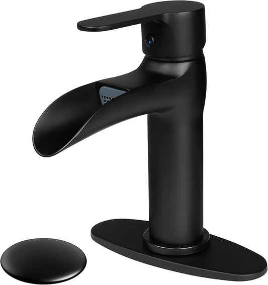 Matte Black Bathroom Faucet Waterfall Bathroom Sink Faucets Single Handle Single Hole Lavatory Washbasin Faucet with Pop Up Drain, Modern Vanity Sink Faucet