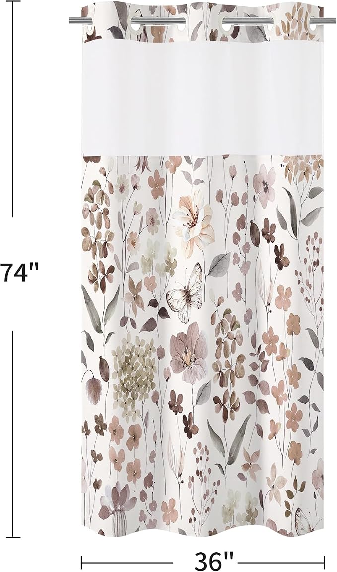 Litabel No Hook Brown Watercolor Floral Shower Curtain and Liner Set, 36x74 | Spring Flower Shower Curtains with Snap-in Liner for Farmhouse Bathroom Decor, Botanical Bathroom Curtain with Leaves
