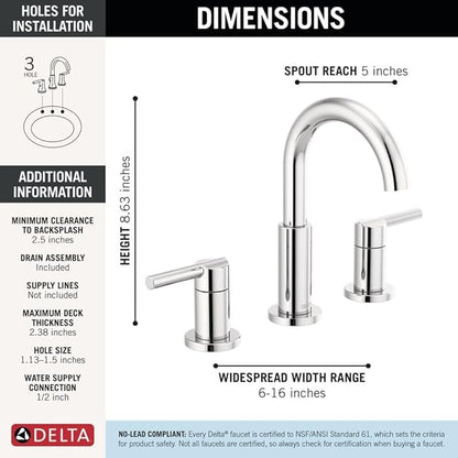 Delta Nicoli Chrome Faucet 3 Hole, 8 Inch Widespread Bathroom Sink Faucet for Vanity, Push-Pop Drain Assembly, Chrome 35749LF