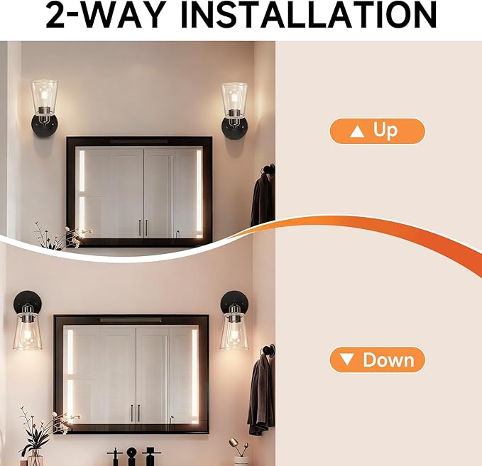 TALOYA 4 Inch Brushed Black Bathroom Light Fixtures with Thickend Clear Tapered Glass Shade, Set of 2 Modern Vanity Light Over Mirror for Bathrooms, Bedrooms (Bulbs Not Included)