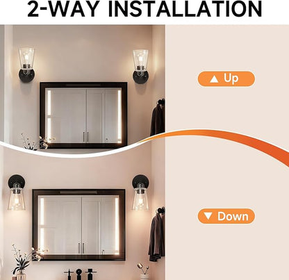 TALOYA 4 Inch Brushed Black Bathroom Light Fixtures with Thickend Clear Tapered Glass Shade, Set of 2 Modern Vanity Light Over Mirror for Bathrooms, Bedrooms (Bulbs Not Included)