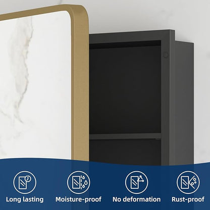 Bathroom Medicine Cabinet with Mirror 16 x 24 Inch, Brush Gold Medicine Cabinet Recessed or Surface Wall-Mounted, Mirrored Cabinets with 2 Adjustable Shelves for Bathroom Vanity