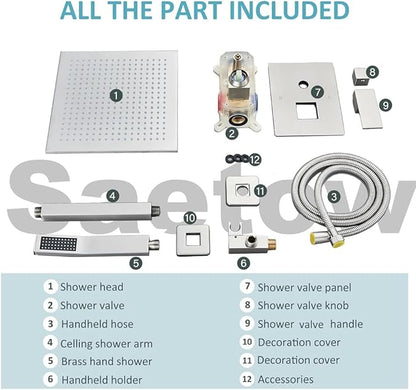 Shower System 12 Inch LED Square Showerhead Shower Faucet Set Shower Kit with Handheld Spray SUS304 Stainless Steel Shower Trim Kit Handheld shower with Rough-in Valve Brushed Nickle…