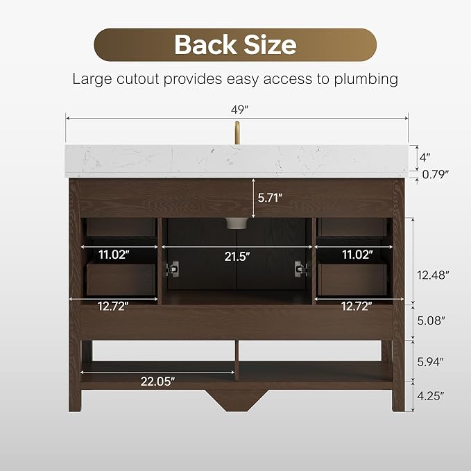 48 Inch Bathroom Vanity with Sink, Farmhouse Storage Cabinet with Drawers & Open Storage Shelf, Fully-Assembled, Soft-Closing Drawers and Adjustable Feet, Walnut