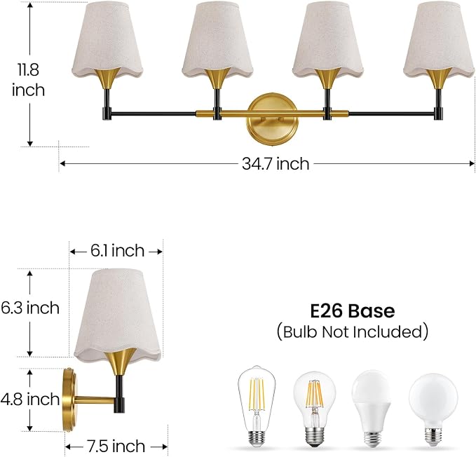 Black Gold Bathroom Vanity Light: 4 Light Vanity Lighting Fixtures with Flared Fabric Shade, Farmhouse Bathroom Lighting Fixtures over Mirror, Wall Sconce Lights for Bedroom Hallway Living Room