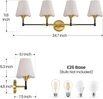 Black Gold Bathroom Vanity Light: 4 Light Vanity Lighting Fixtures with Flared Fabric Shade, Farmhouse Bathroom Lighting Fixtures over Mirror, Wall Sconce Lights for Bedroom Hallway Living Room